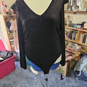 Celebrity Pink Black Velvet V-Neck Long Sleeve Bodysuit